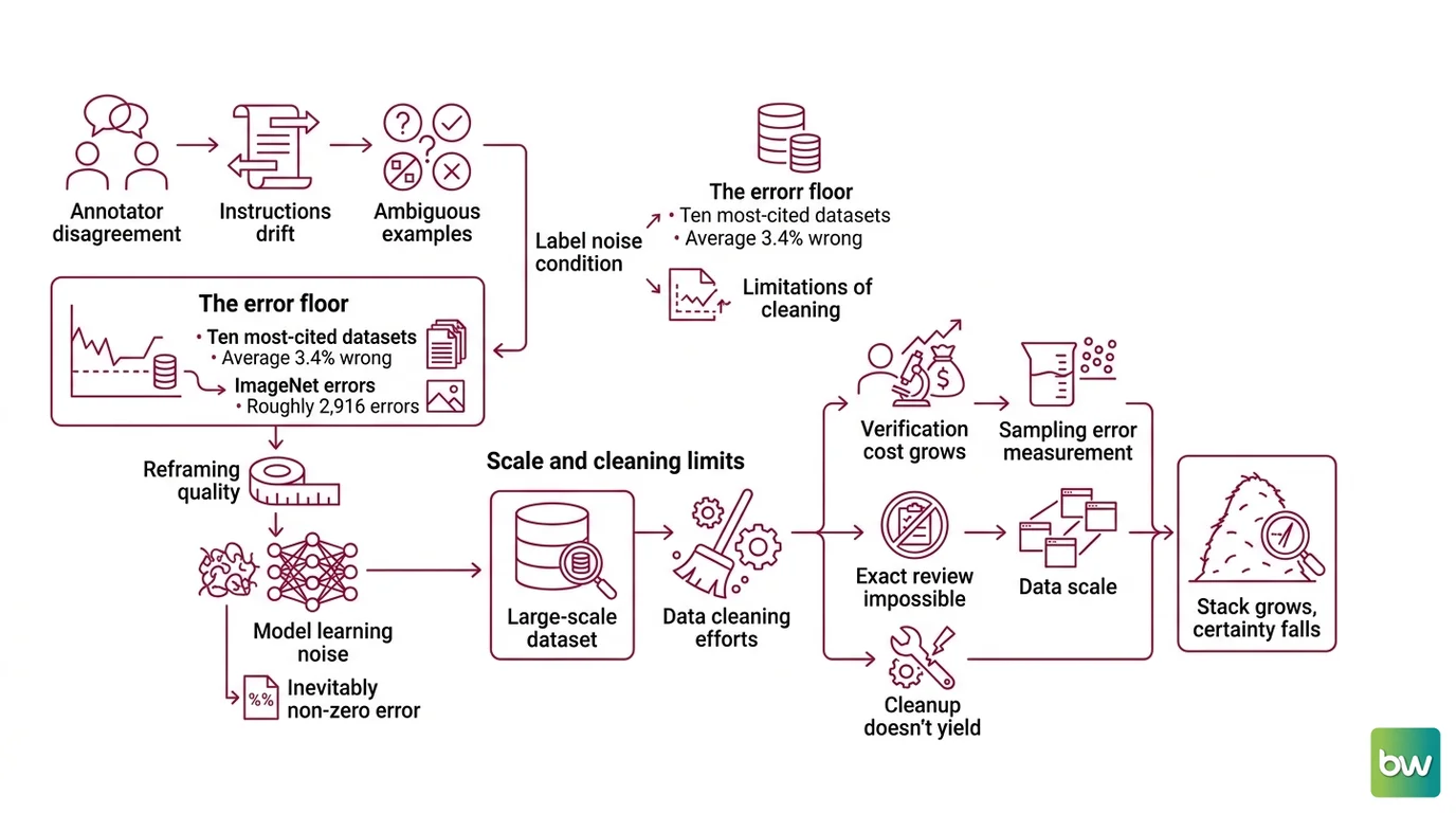 Three compounding limits of data cleaning at scale: verification cost, probabilistic detection, and duplication, converging on a nonzero error floor