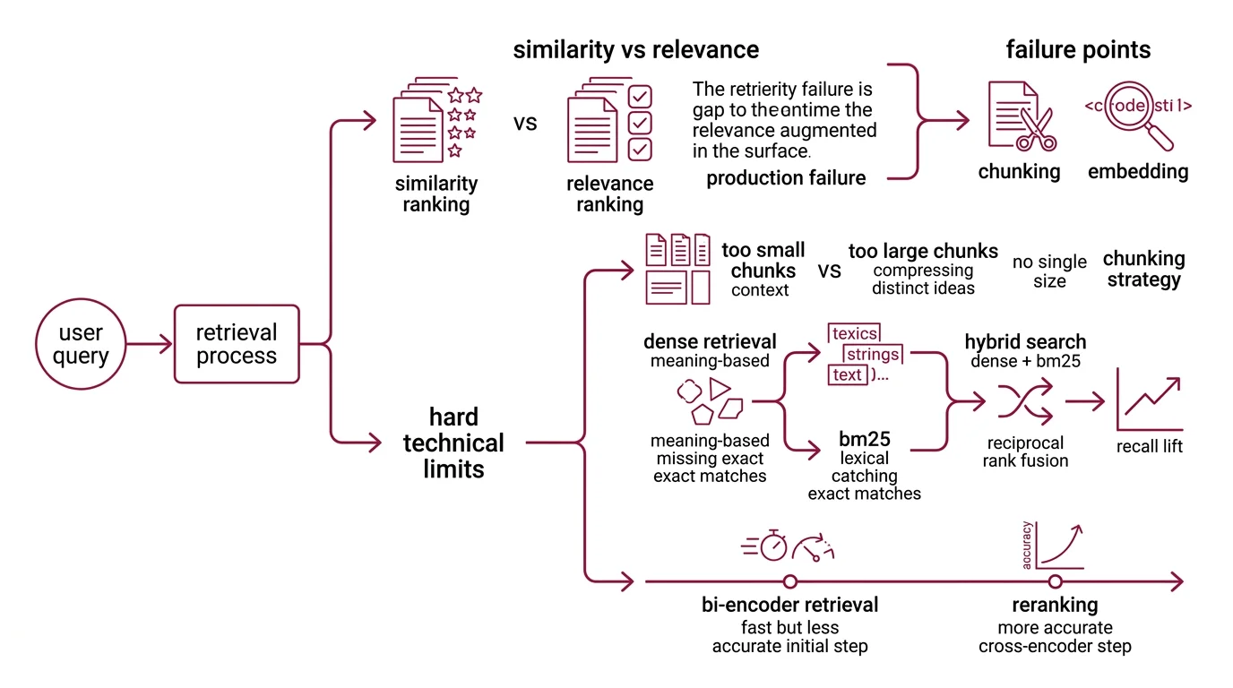 Diagram of three structural failure surfaces in production RAG: a retrieval layer where chunking and embedding lose the right document, a long-context utilization layer where position bias under-weights middle documents, and a grounding layer where the model's parametric prior overrides retrieved evidence