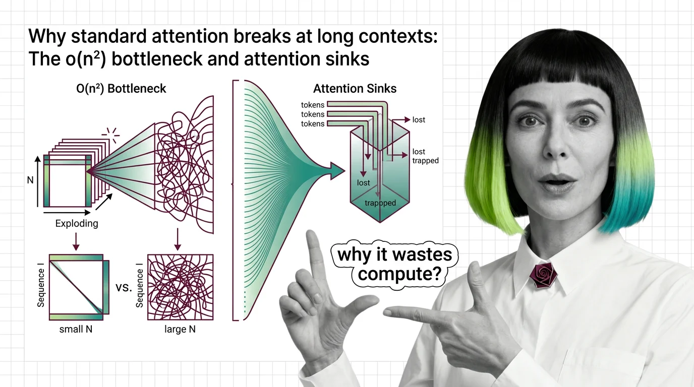 Geometric matrix grid expanding quadratically with heat-map intensity fading at the edges to visualize attention cost scaling