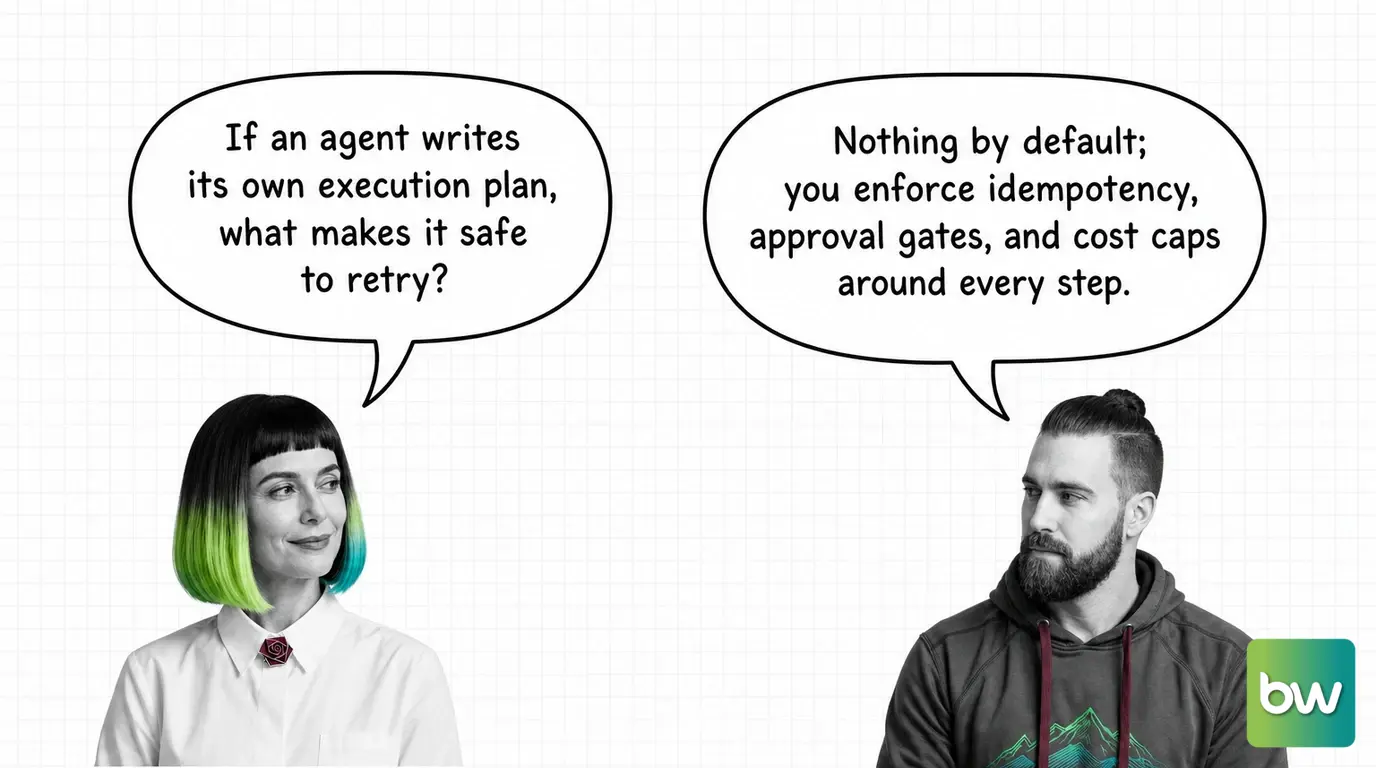 MONA asks: 'If an agent writes its own execution plan, what makes it safe to retry?' MAX answers: 'Nothing by default; you enforce idempotency, approval gates, and cost caps around every step.' — comic dialog.