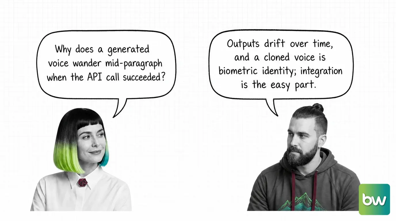 MONA asks: 'Why does a generated voice wander mid-paragraph when the API call succeeded?' MAX answers: 'Outputs drift over time, and a cloned voice is biometric identity; integration is the easy part.' — comic dialog.