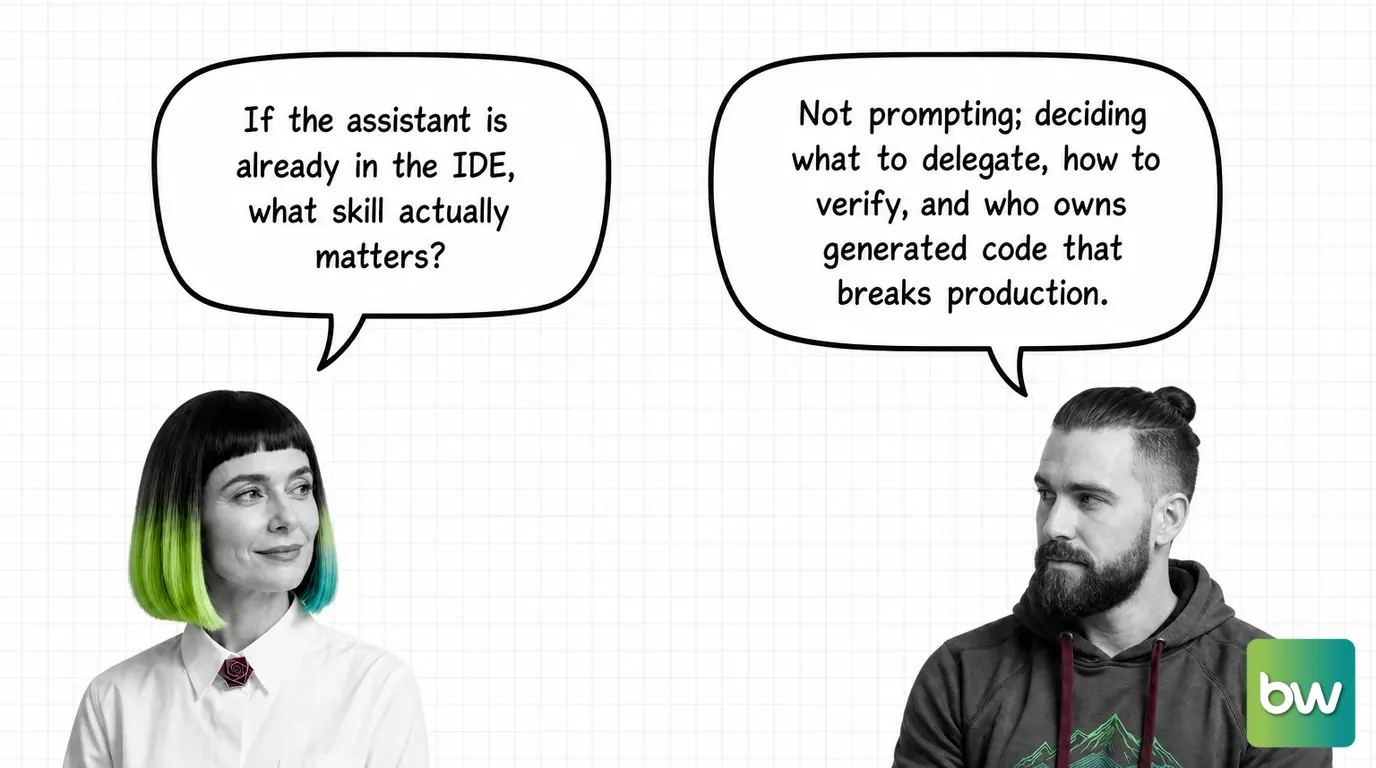 MONA asks: 'If the assistant is already in the IDE, what skill actually matters?' MAX answers: 'Not prompting; deciding what to delegate, how to verify, and who owns generated code that breaks production.' — comic dialog.