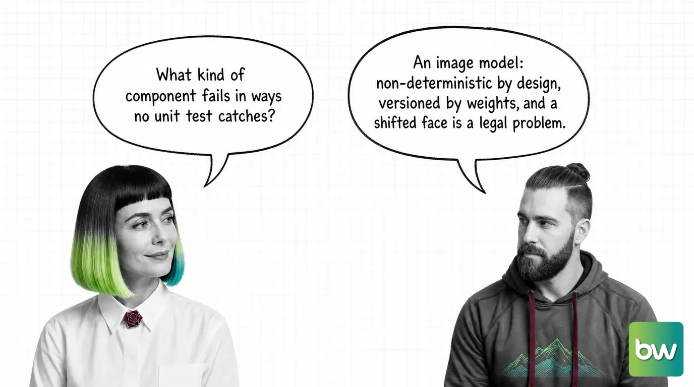MONA asks: 'What kind of component fails in ways no unit test catches?' MAX answers: 'An image model: non-deterministic by design, versioned by weights, and a shifted face is a legal problem.' — comic dialog.