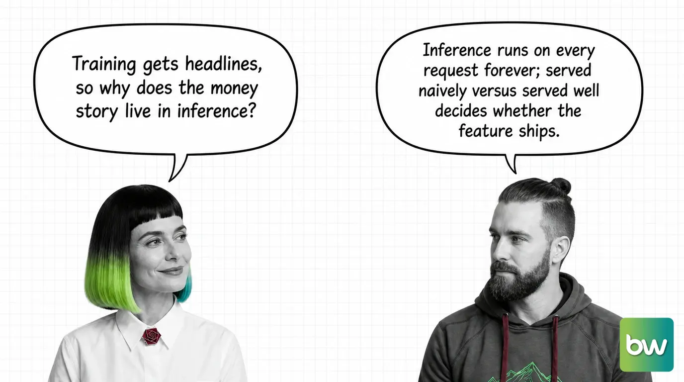 MONA asks: 'Training gets headlines, so why does the money story live in inference?' MAX answers: 'Inference runs on every request forever; served naively versus served well decides whether the feature ships.' — comic dialog.