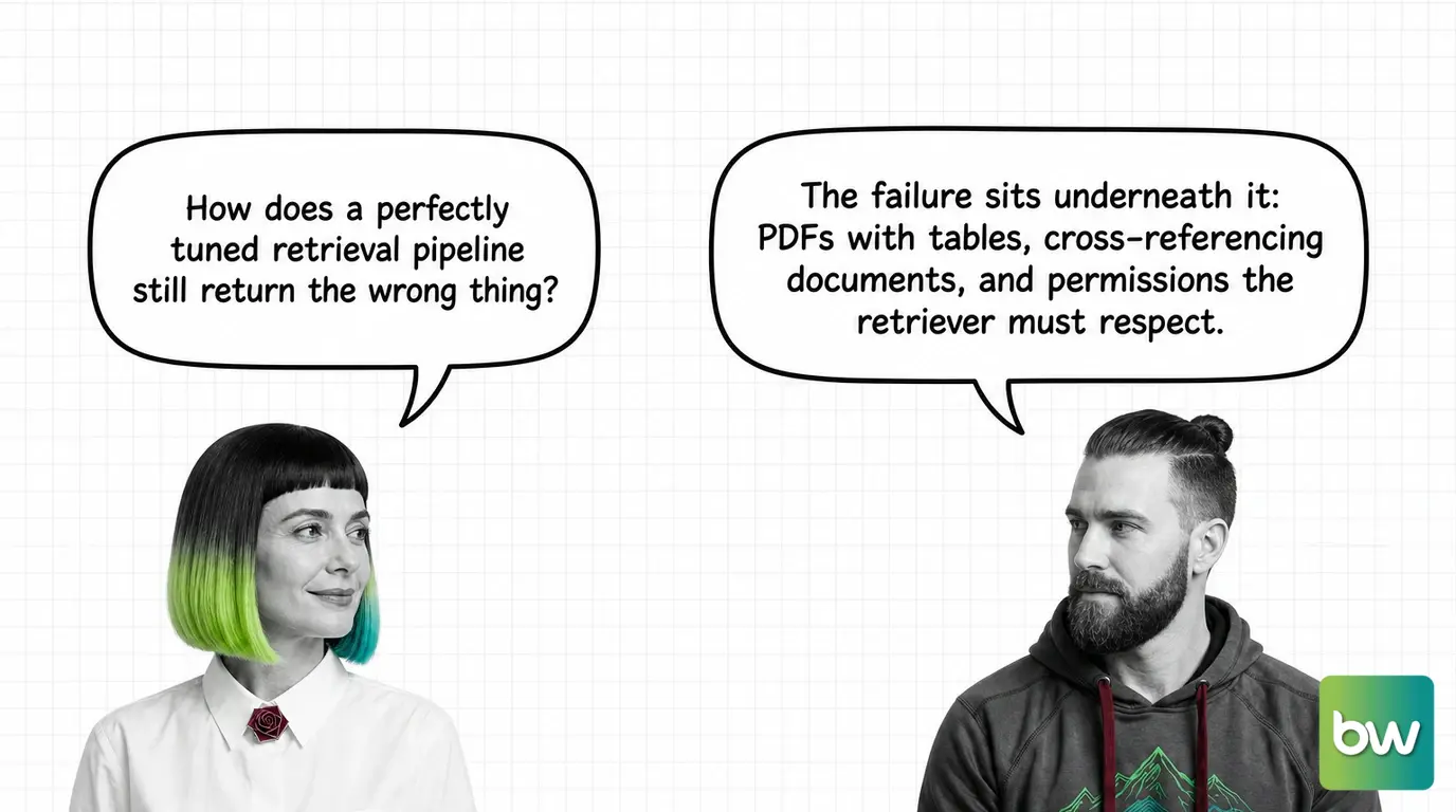 MONA asks: 'How does a perfectly tuned retrieval pipeline still return the wrong thing?' MAX answers: 'The failure sits underneath it: PDFs with tables, cross-referencing documents, and permissions the retriever must respect.' — comic dialog.
