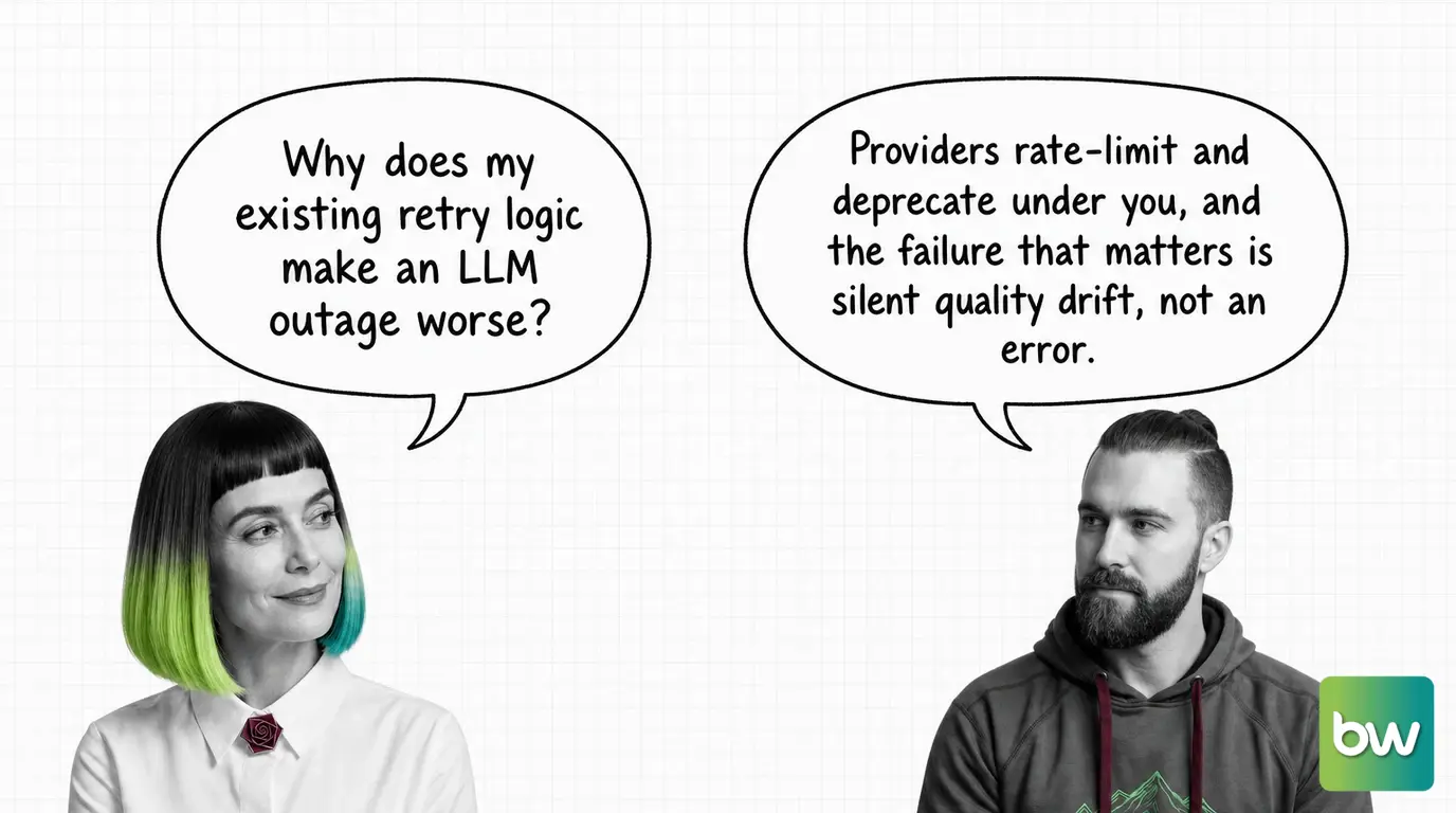 MONA asks: 'Why does my existing retry logic make an LLM outage worse?' MAX answers: 'Providers rate-limit and deprecate under you, and the failure that matters is silent quality drift, not an error.' — comic dialog.