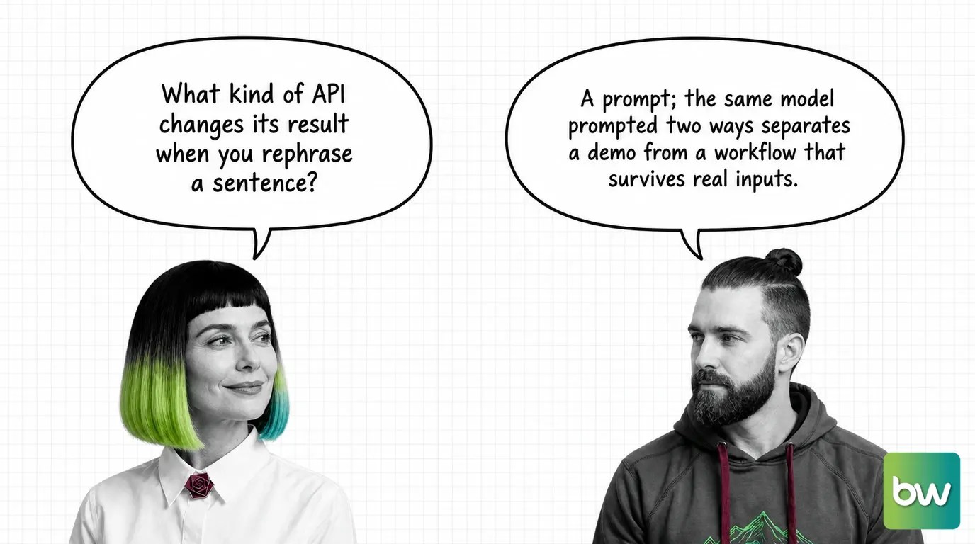 MONA asks: 'What kind of API changes its result when you rephrase a sentence?' MAX answers: 'A prompt; the same model prompted two ways separates a demo from a workflow that survives real inputs.' — comic dialog.