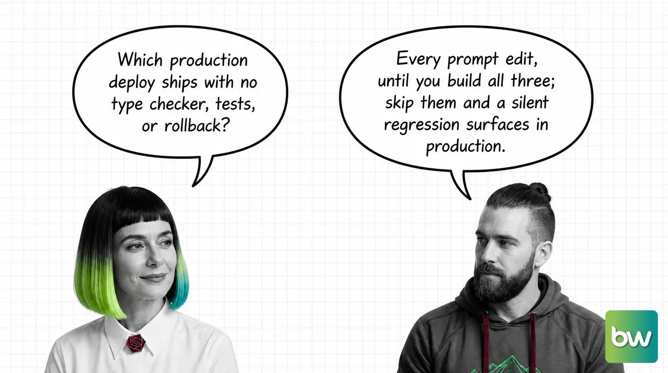 MONA asks: 'Which production deploy ships with no type checker, tests, or rollback?' MAX answers: 'Every prompt edit, until you build all three; skip them and a silent regression surfaces in production.' — comic dialog.