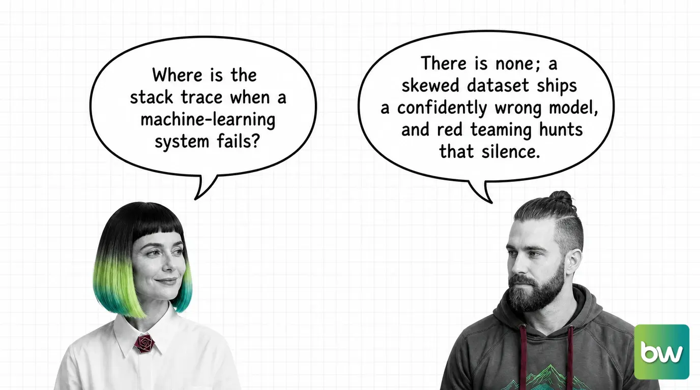 MONA asks: 'Where is the stack trace when a machine-learning system fails?' MAX answers: 'There is none; a skewed dataset ships a confidently wrong model, and red teaming hunts that silence.' — comic dialog.