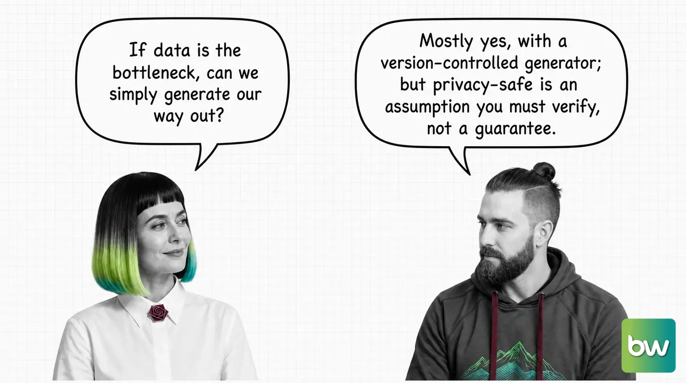 MONA asks: 'If data is the bottleneck, can we simply generate our way out?' MAX answers: 'Mostly yes, with a version-controlled generator; but privacy-safe is an assumption you must verify, not a guarantee.' — comic dialog.