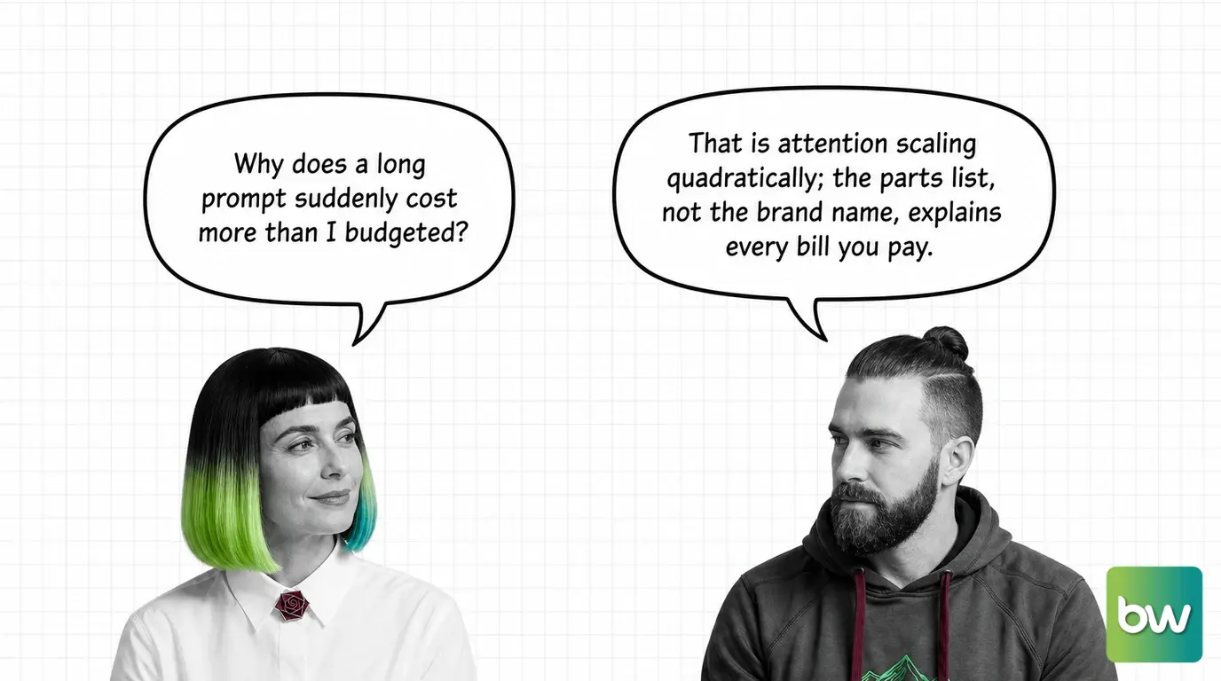 MONA asks: 'Why does a long prompt suddenly cost more than I budgeted?' MAX answers: 'That is attention scaling quadratically; the parts list, not the brand name, explains every bill you pay.' — comic dialog.