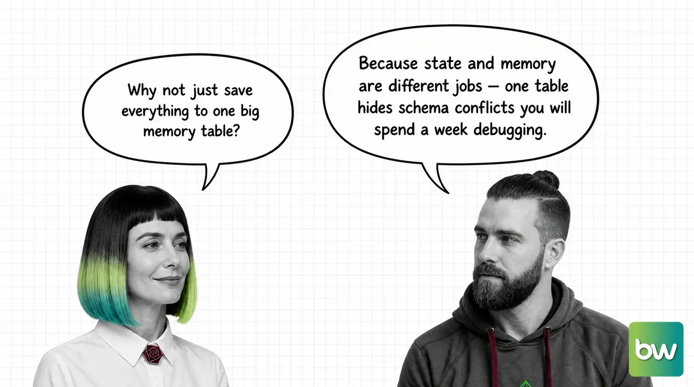 MONA asks: 'Why not just save everything to one big memory table?' MAX answers: 'Because state and memory are different jobs — one table hides schema conflicts you will spend a week debugging.' — comic dialog.