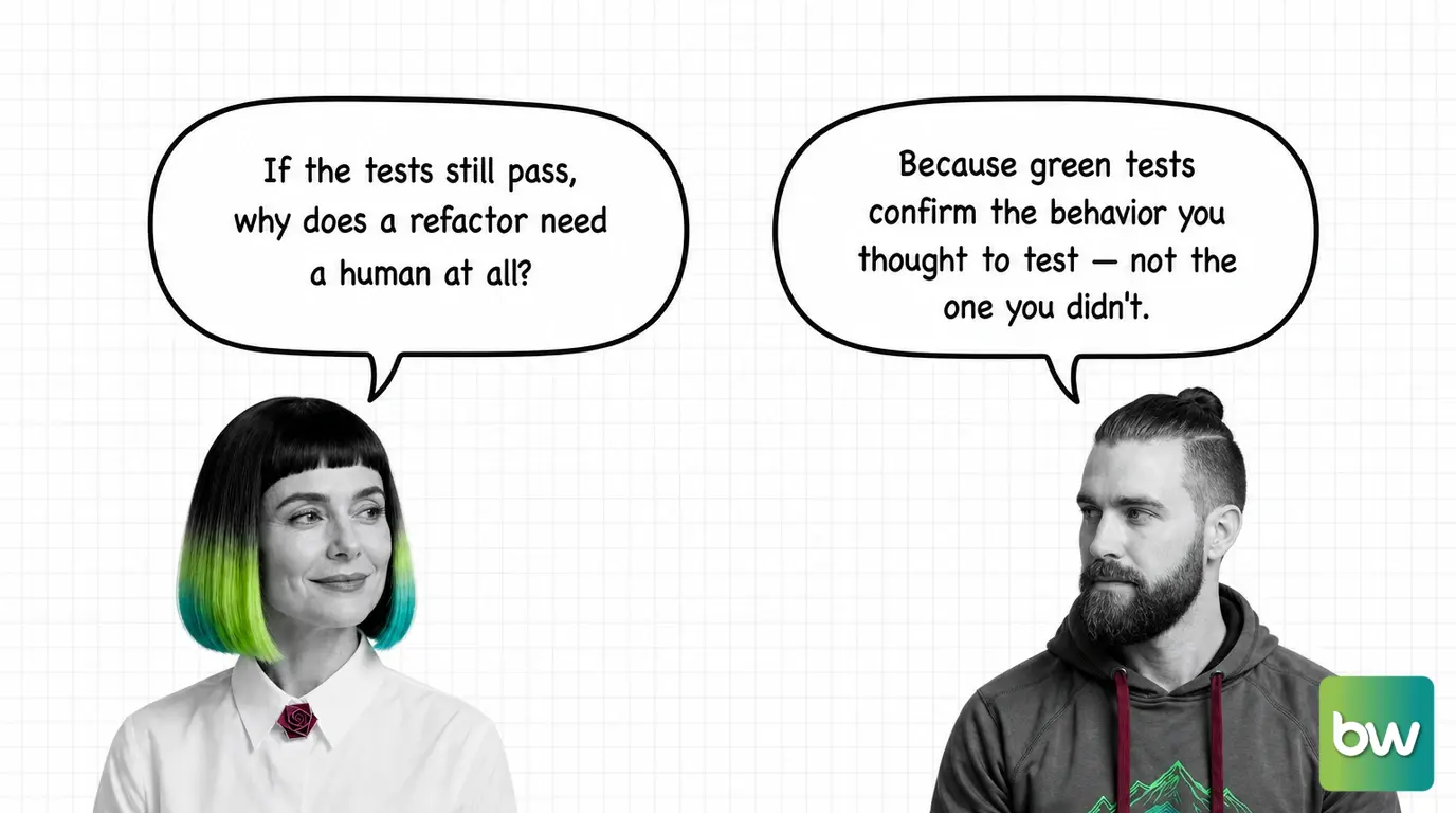 MONA asks: 'If the tests still pass, why does a refactor need a human at all?' MAX answers: 'Because green tests confirm the behavior you thought to test — not the one you didn't.' — comic dialog.