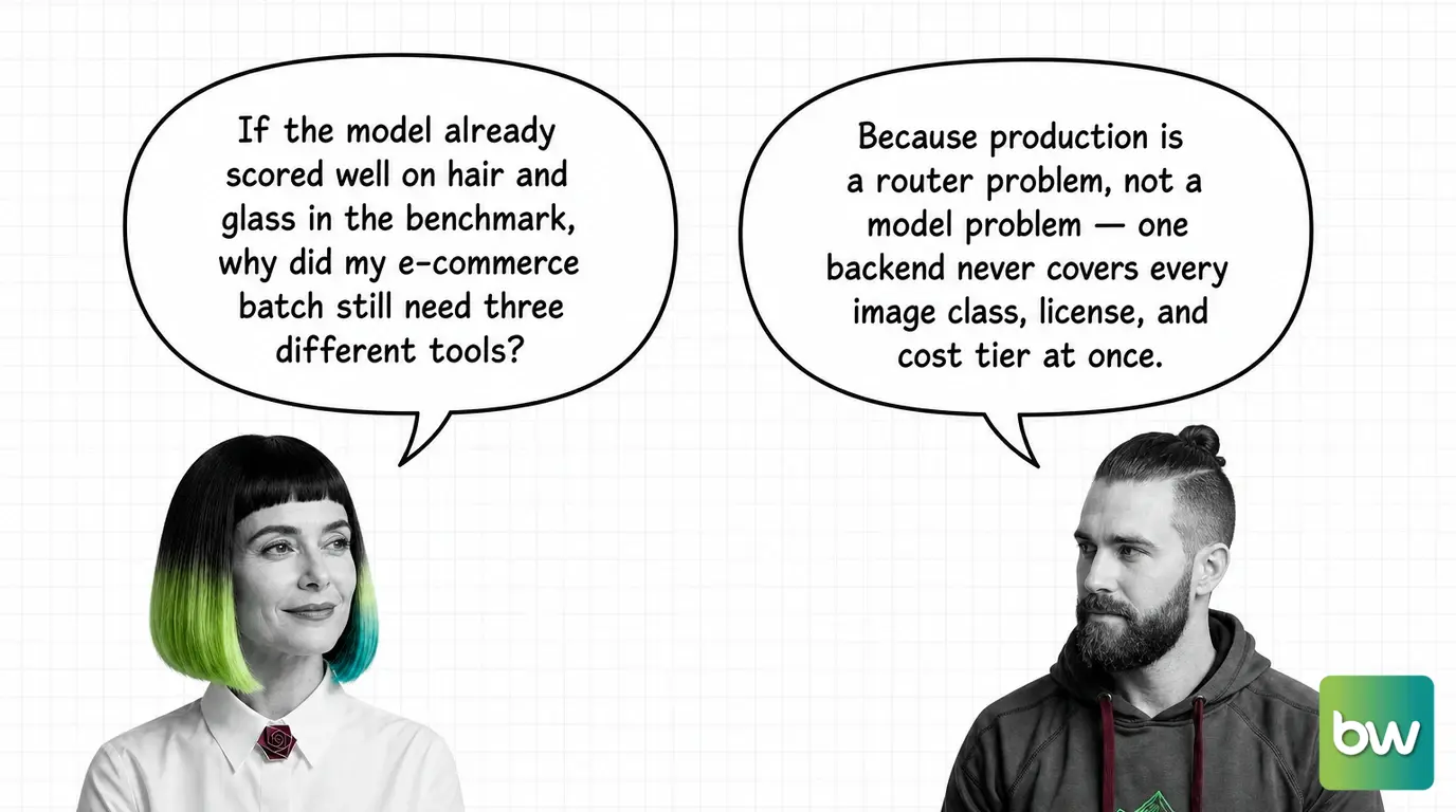 MONA asks: 'If the model already scored well on hair and glass in the benchmark, why did my e-commerce batch still need three different tools?' MAX answers: 'Because production is a router problem, not a model problem — one backend never covers every image class, license, and cost tier at once.' — comic dialog.