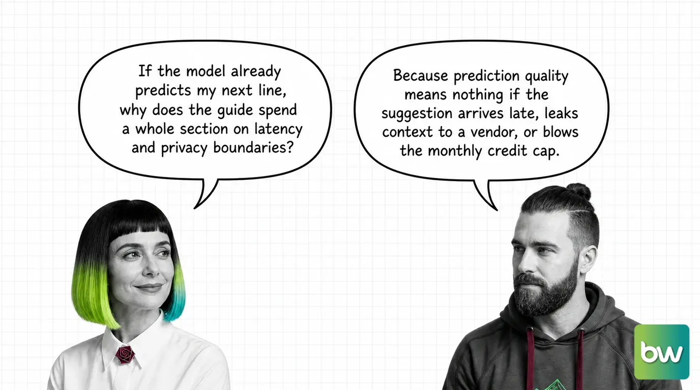 MONA asks: 'If the model already predicts my next line, why does the guide spend a whole section on latency and privacy boundaries?' MAX answers: 'Because prediction quality means nothing if the suggestion arrives late, leaks context to a vendor, or blows the monthly credit cap.' — comic dialog.