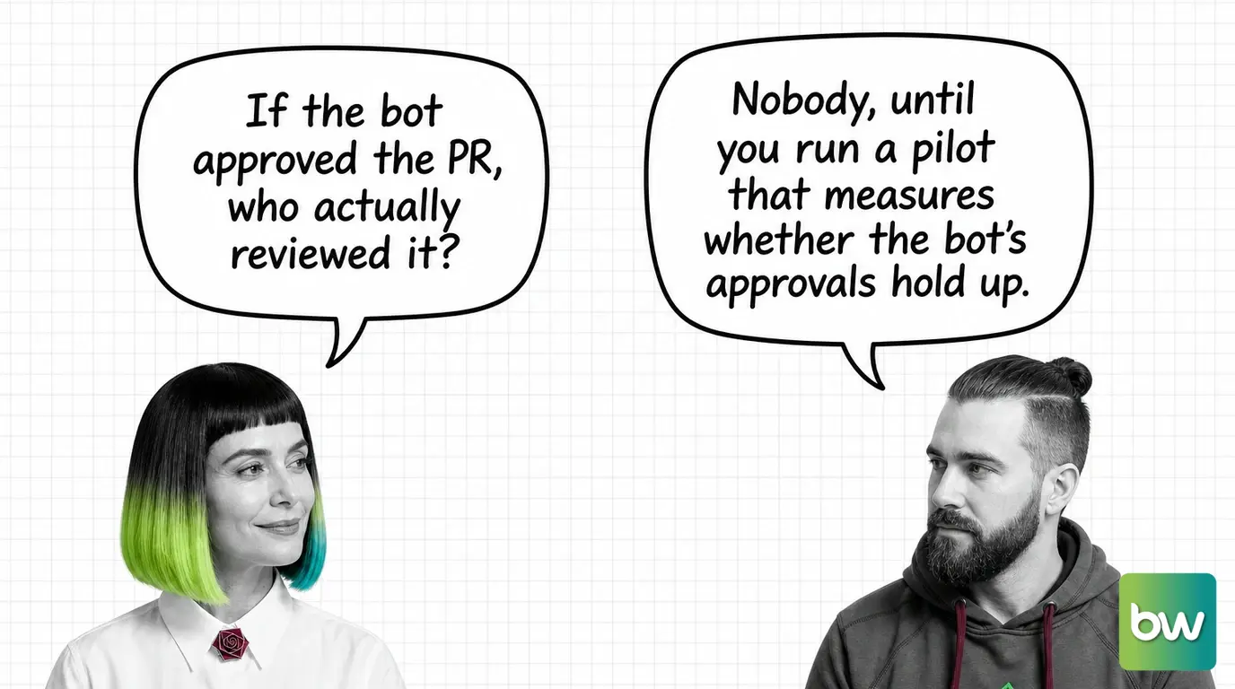 MONA asks: 'If the bot approved the PR, who actually reviewed it?' MAX answers: 'Nobody, until you run a pilot that measures whether the bot's approvals hold up.' — comic dialog.
