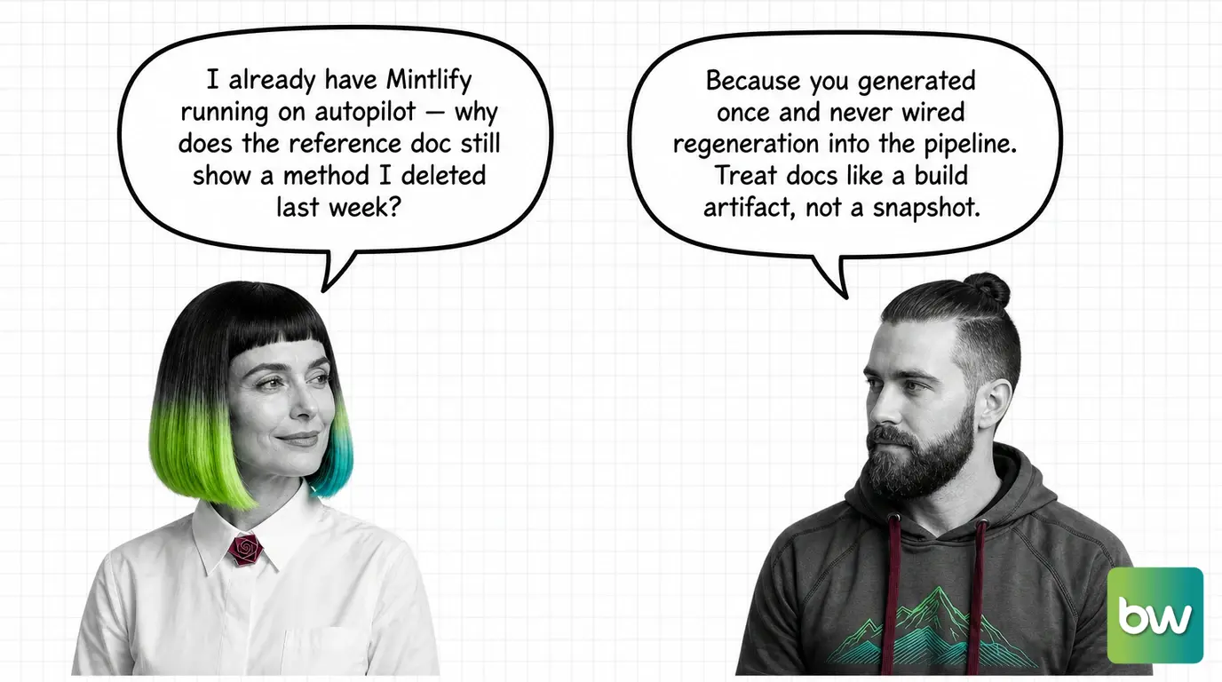 MONA asks: 'I already have Mintlify running on autopilot — why does the reference doc still show a method I deleted last week?' MAX answers: 'Because you generated once and never wired regeneration into the pipeline. Treat docs like a build artifact, not a snapshot.' — comic dialog.