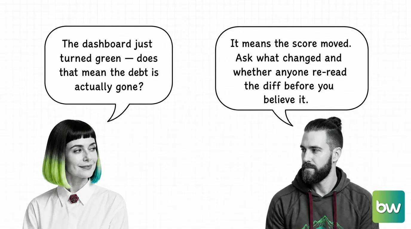 MONA asks: 'The dashboard just turned green — does that mean the debt is actually gone?' MAX answers: 'It means the score moved. Ask what changed and whether anyone re-read the diff before you believe it.' — comic dialog.