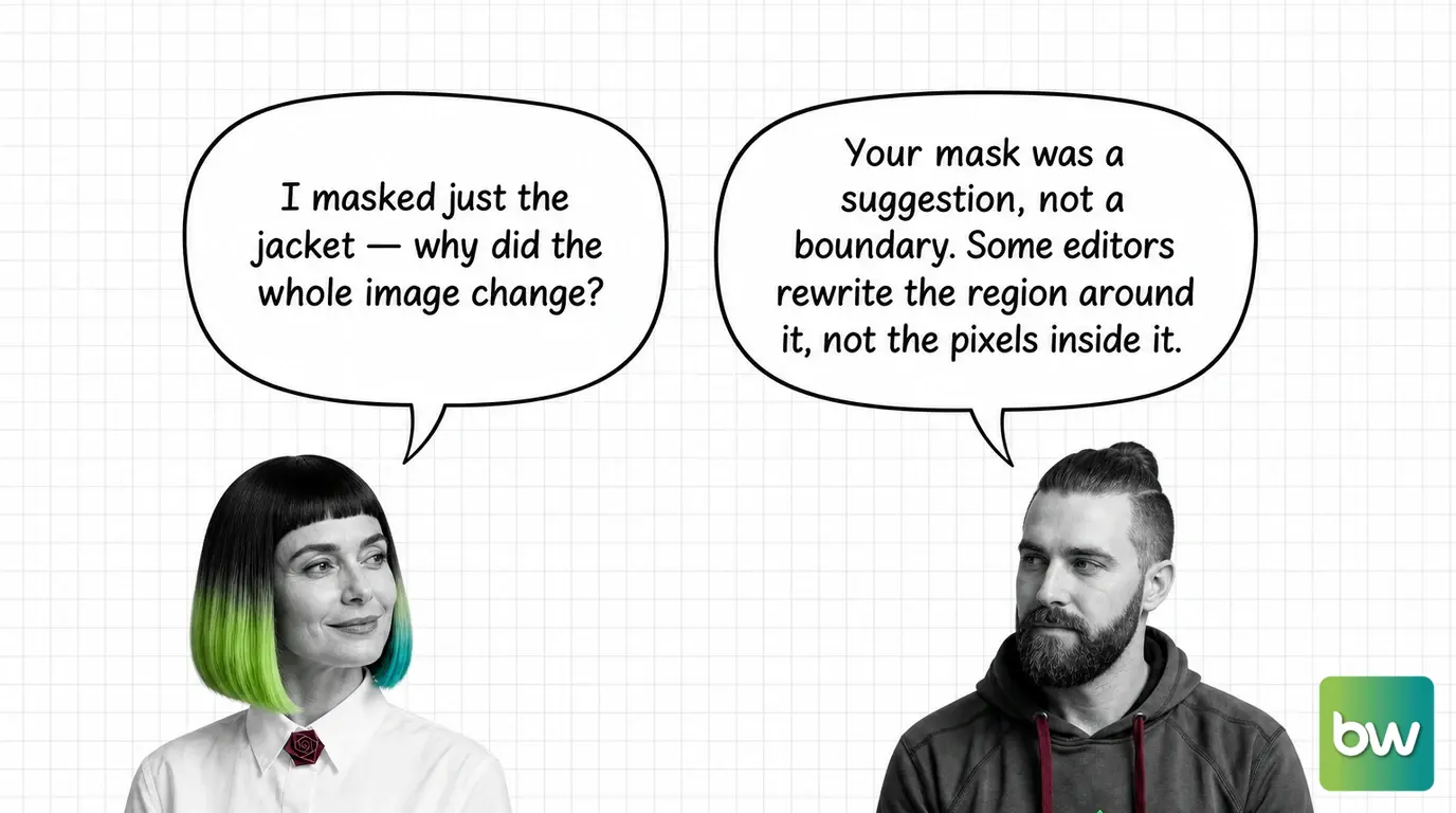 MONA asks: 'I masked just the jacket — why did the whole image change?' MAX answers: 'Your mask was a suggestion, not a boundary. Some editors rewrite the region around it, not the pixels inside it.' — comic dialog.