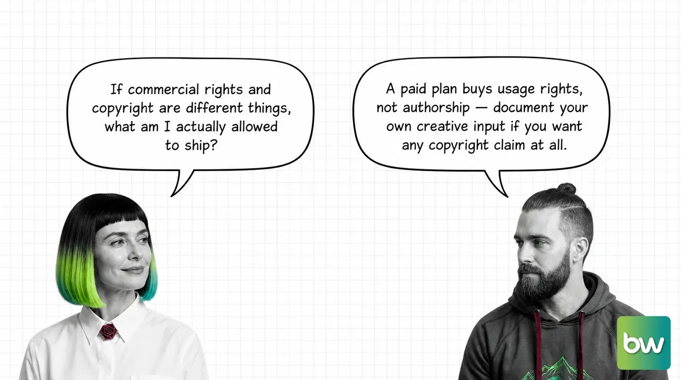 MONA asks: 'If commercial rights and copyright are different things, what am I actually allowed to ship?' MAX answers: 'A paid plan buys usage rights, not authorship — document your own creative input if you want any copyright claim at all.' — comic dialog.