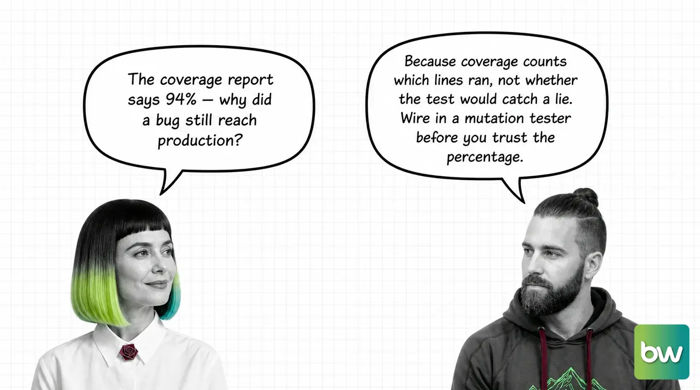 MONA asks: 'The coverage report says 94% — why did a bug still reach production?' MAX answers: 'Because coverage counts which lines ran, not whether the test would catch a lie. Wire in a mutation tester before you trust the percentage.' — comic dialog.
