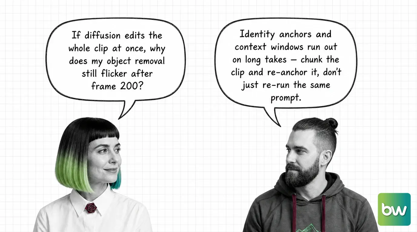 MONA asks: 'If diffusion edits the whole clip at once, why does my object removal still flicker after frame 200?' MAX answers: 'Identity anchors and context windows run out on long takes — chunk the clip and re-anchor it, don't just re-run the same prompt.' — comic dialog.