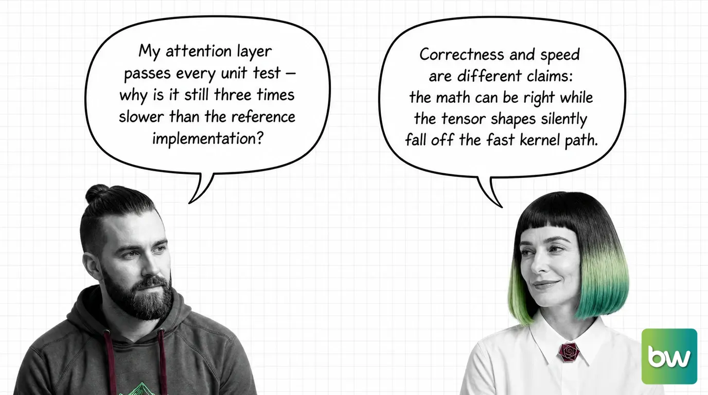 MAX asks: 'My attention layer passes every unit test — why is it still three times slower than the reference implementation?' MONA answers: 'Correctness and speed are different claims: the math can be right while the tensor shapes silently fall off the fast kernel path.' — comic dialog.