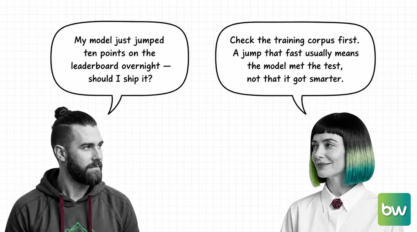 MAX asks: 'My model just jumped ten points on the leaderboard overnight — should I ship it?' MONA answers: 'Check the training corpus first. A jump that fast usually means the model met the test, not that it got smarter.' — comic dialog.