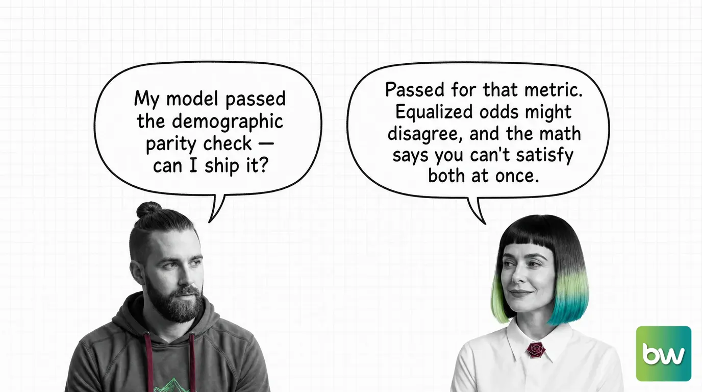 MAX asks: 'My model passed the demographic parity check — can I ship it?' MONA answers: 'Passed for that metric. Equalized odds might disagree, and the math says you can't satisfy both at once.' — comic dialog.