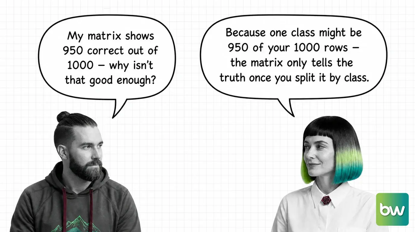 MAX asks: 'My matrix shows 950 correct out of 1000 — why isn't that good enough?' MONA answers: 'Because one class might be 950 of your 1000 rows — the matrix only tells the truth once you split it by class.' — comic dialog.