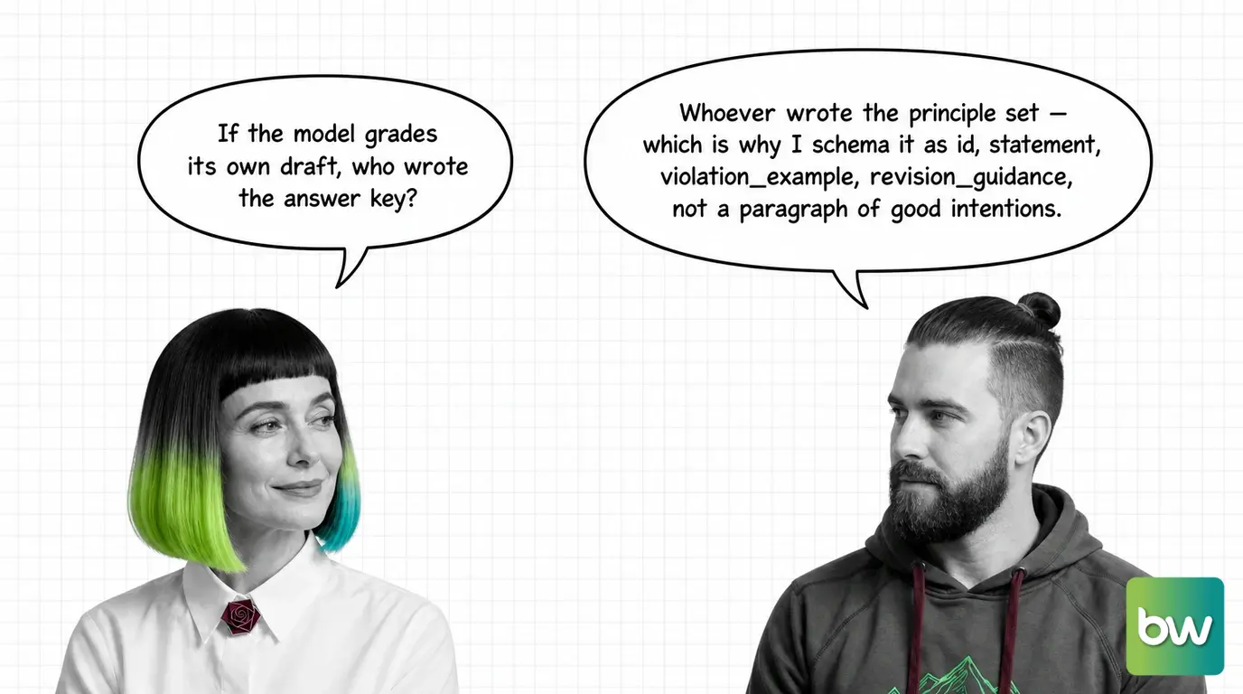 MONA asks: 'If the model grades its own draft, who wrote the answer key?' MAX answers: 'Whoever wrote the principle set — which is why I schema it as id, statement, violation_example, revision_guidance, not a paragraph of good intentions.' — comic dialog.