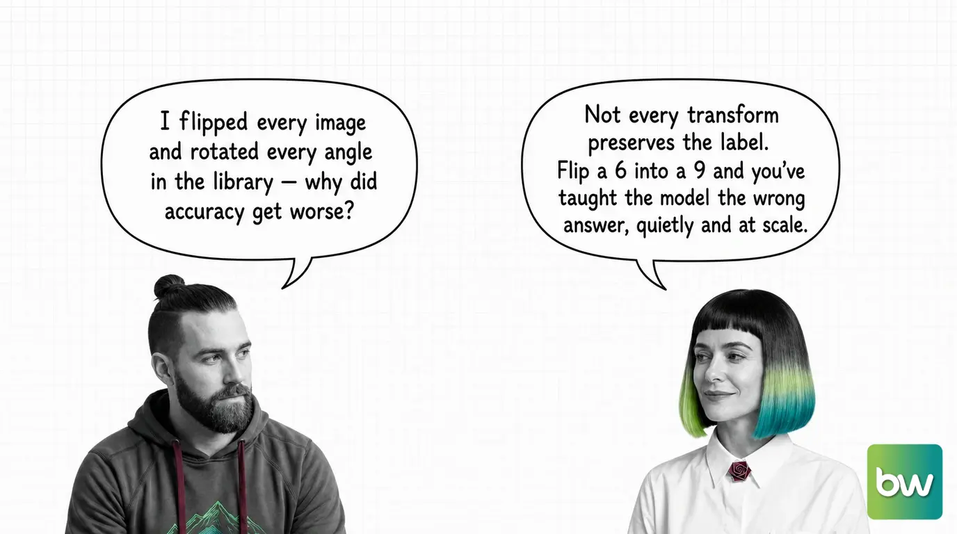MAX asks: 'I flipped every image and rotated every angle in the library — why did accuracy get worse?' MONA answers: 'Not every transform preserves the label. Flip a 6 into a 9 and you've taught the model the wrong answer, quietly and at scale.' — comic dialog.