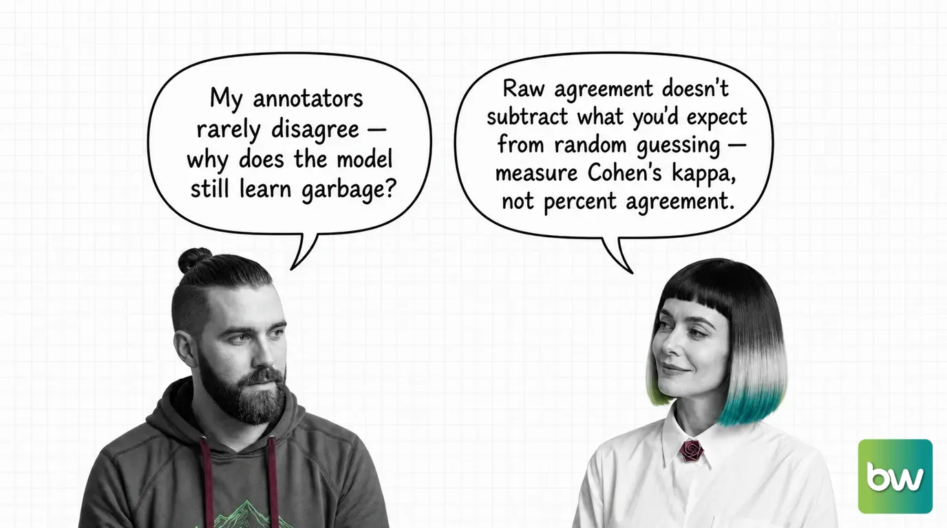 MAX asks: 'My annotators rarely disagree — why does the model still learn garbage?' MONA answers: 'Raw agreement doesn't subtract what you'd expect from random guessing — measure Cohen's kappa, not percent agreement.' — comic dialog.