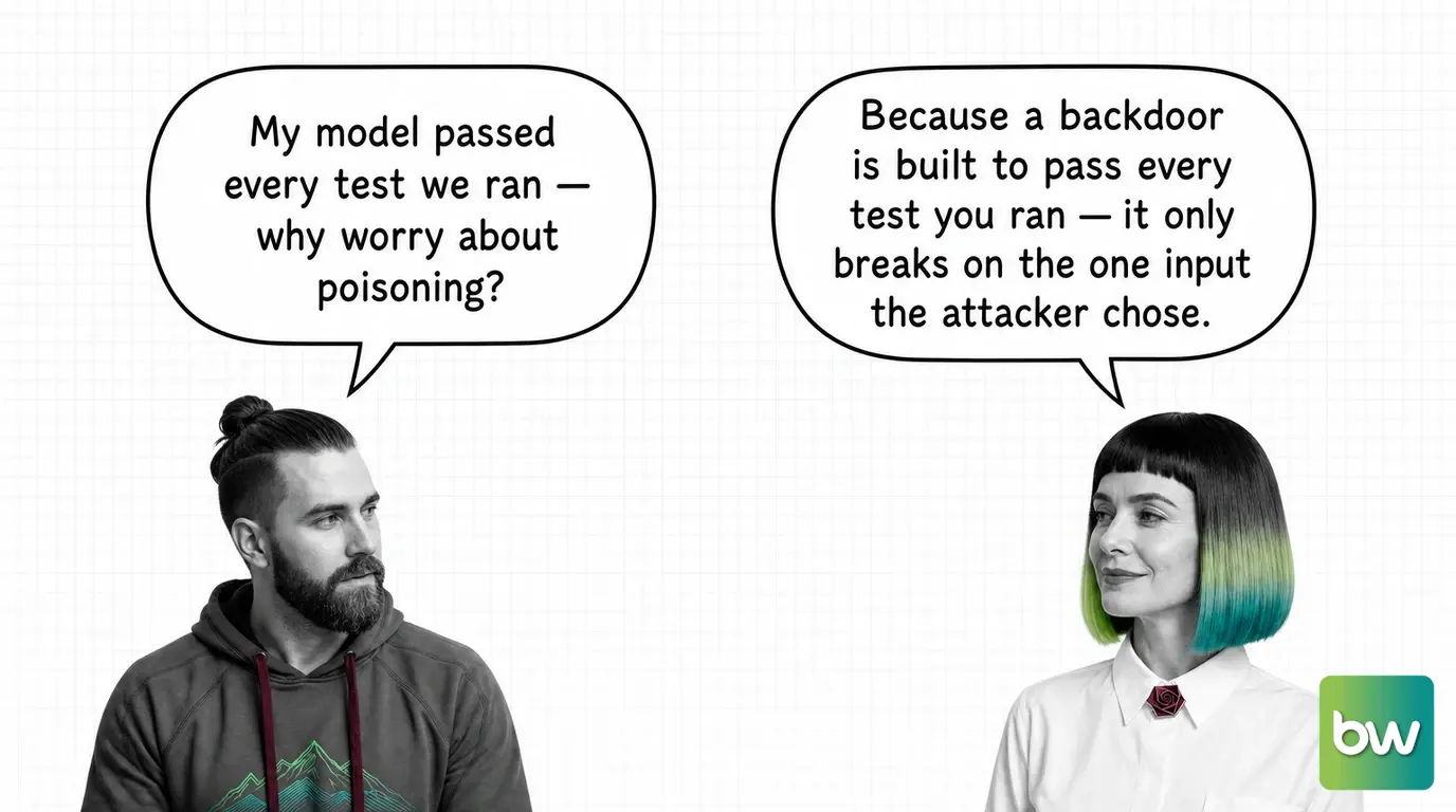 MAX asks: 'My model passed every test we ran — why worry about poisoning?' MONA answers: 'Because a backdoor is built to pass every test you ran — it only breaks on the one input the attacker chose.' — comic dialog.