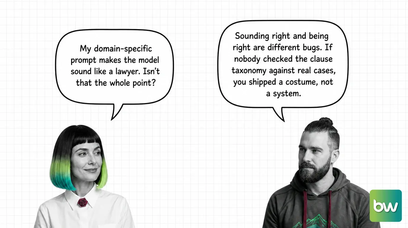 MONA asks: 'My domain-specific prompt makes the model sound like a lawyer. Isn't that the whole point?' MAX answers: 'Sounding right and being right are different bugs. If nobody checked the clause taxonomy against real cases, you shipped a costume, not a system.' — comic dialog.
