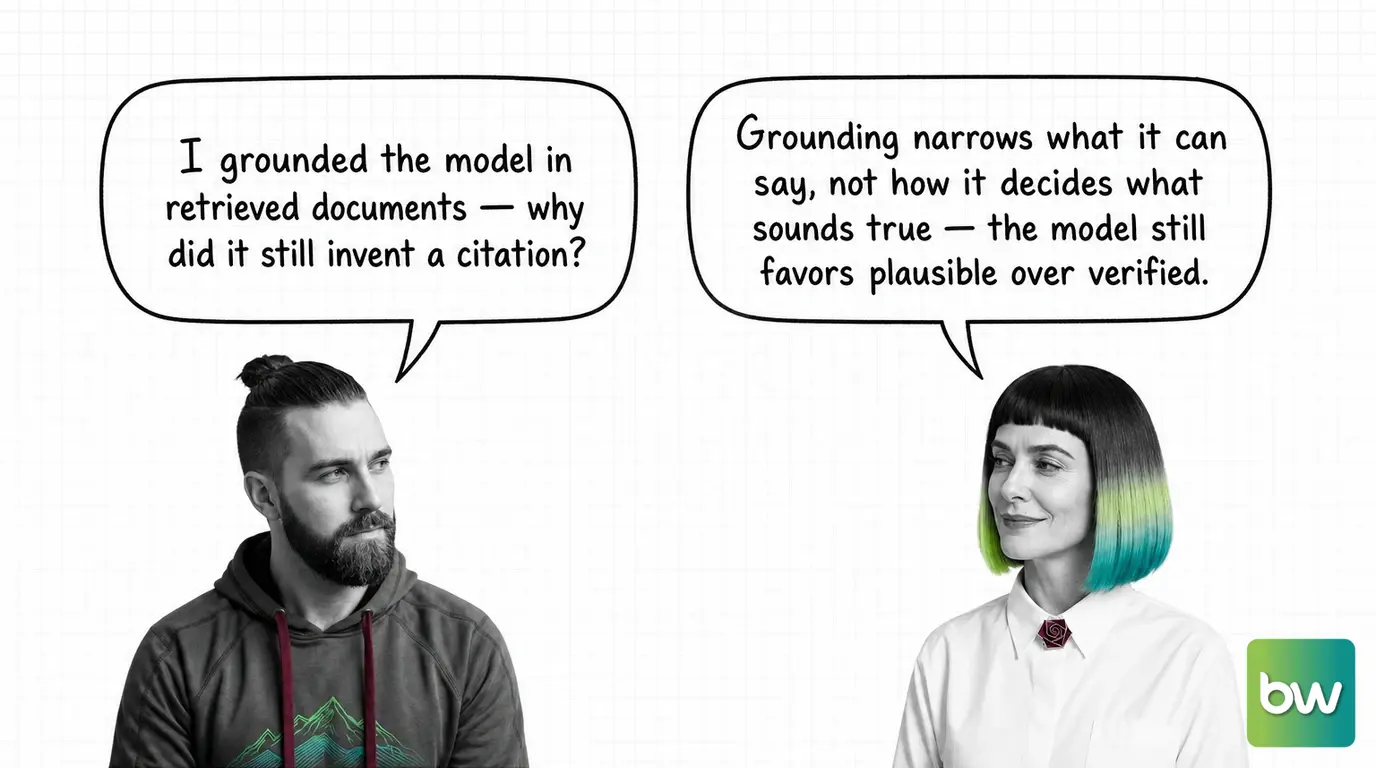 MAX asks: 'I grounded the model in retrieved documents — why did it still invent a citation?' MONA answers: 'Grounding narrows what it can say, not how it decides what sounds true — the model still favors plausible over verified.' — comic dialog.
