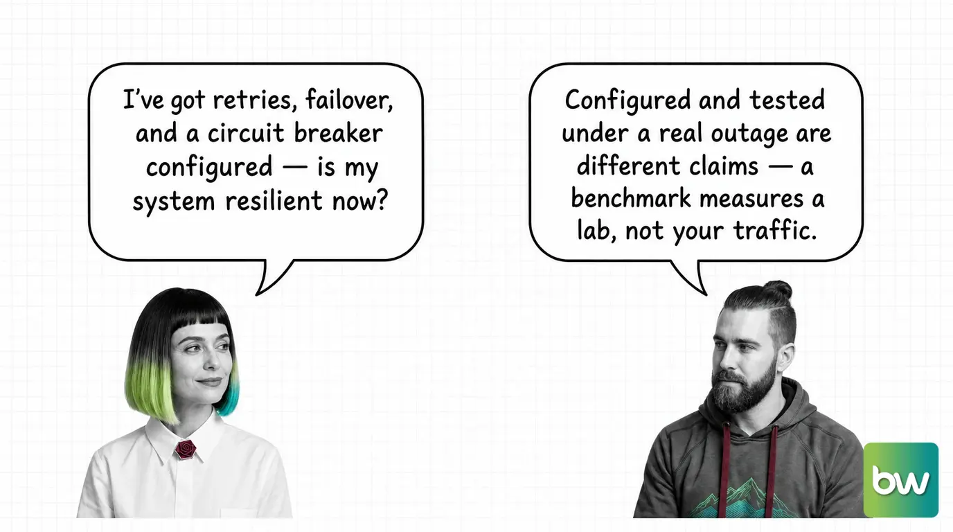 MONA asks: 'I've got retries, failover, and a circuit breaker configured — is my system resilient now?' MAX answers: 'Configured and tested under a real outage are different claims — a benchmark measures a lab, not your traffic.' — comic dialog.