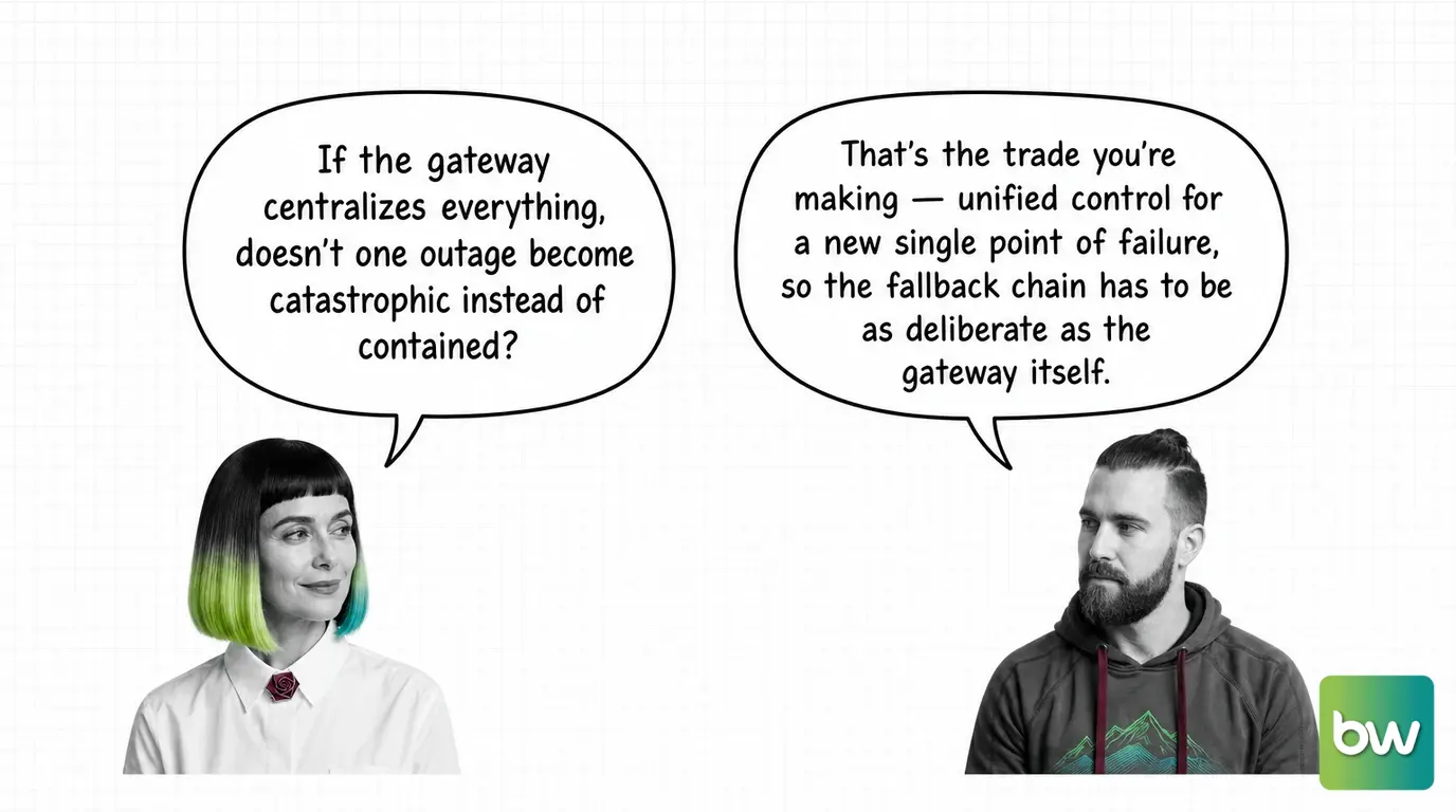 MONA asks: 'If the gateway centralizes everything, doesn't one outage become catastrophic instead of contained?' MAX answers: 'That's the trade you're making — unified control for a new single point of failure, so the fallback chain has to be as deliberate as the gateway itself.' — comic dialog.