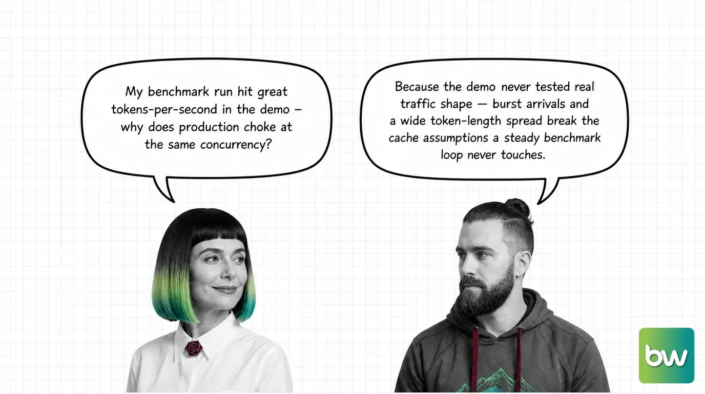 MONA asks: 'My benchmark run hit great tokens-per-second in the demo — why does production choke at the same concurrency?' MAX answers: 'Because the demo never tested real traffic shape — burst arrivals and a wide token-length spread break the cache assumptions a steady benchmark loop never touches.' — comic dialog.
