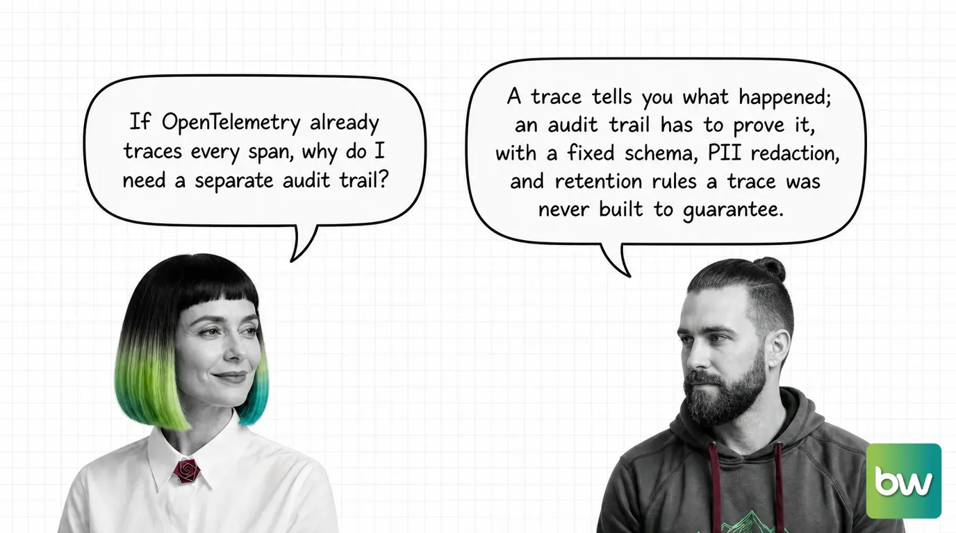 MONA asks: 'If OpenTelemetry already traces every span, why do I need a separate audit trail?' MAX answers: 'A trace tells you what happened; an audit trail has to prove it, with a fixed schema, PII redaction, and retention rules a trace was never built to guarantee.' — comic dialog.