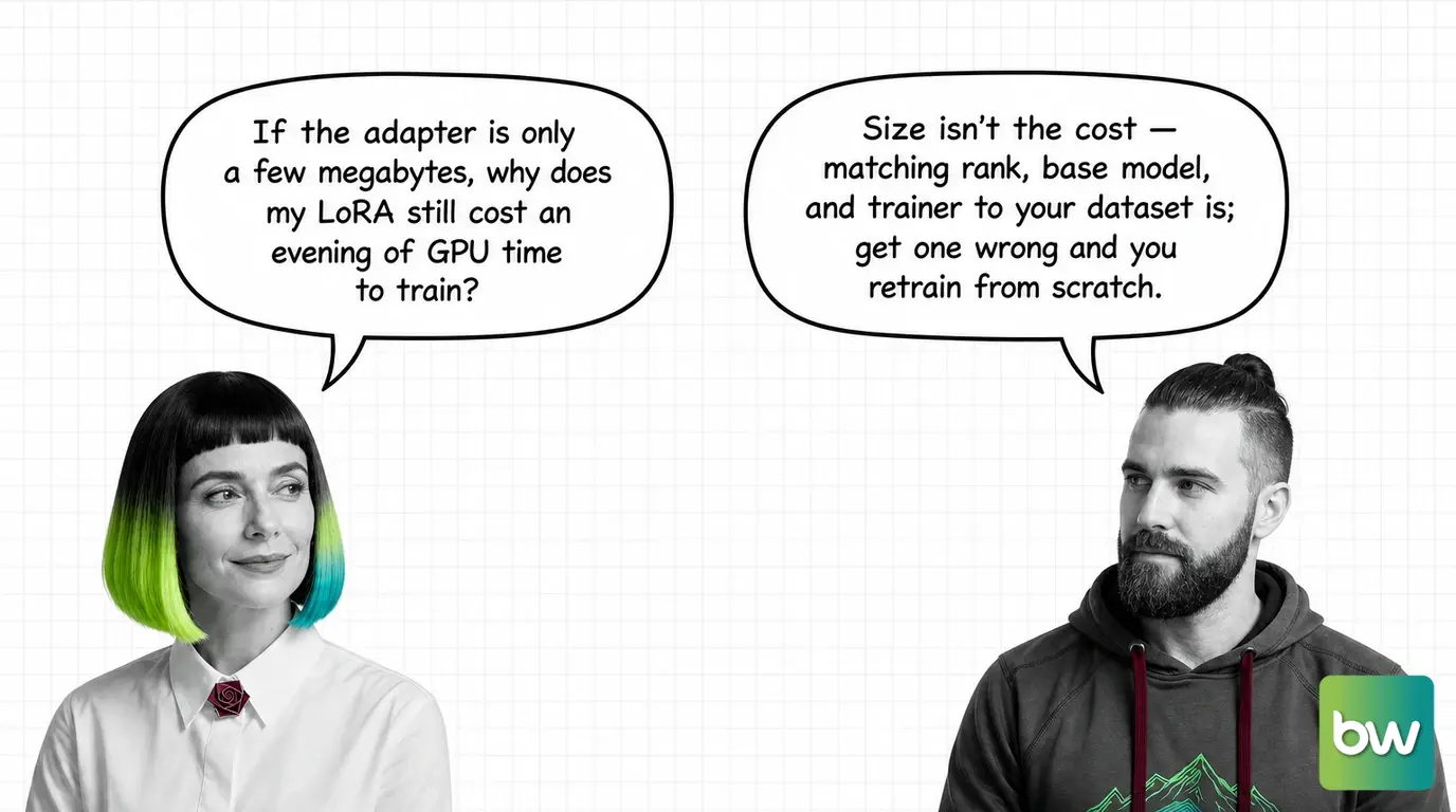 MONA asks: 'If the adapter is only a few megabytes, why does my LoRA still cost an evening of GPU time to train?' MAX answers: 'Size isn't the cost — matching rank, base model, and trainer to your dataset is; get one wrong and you retrain from scratch.' — comic dialog.