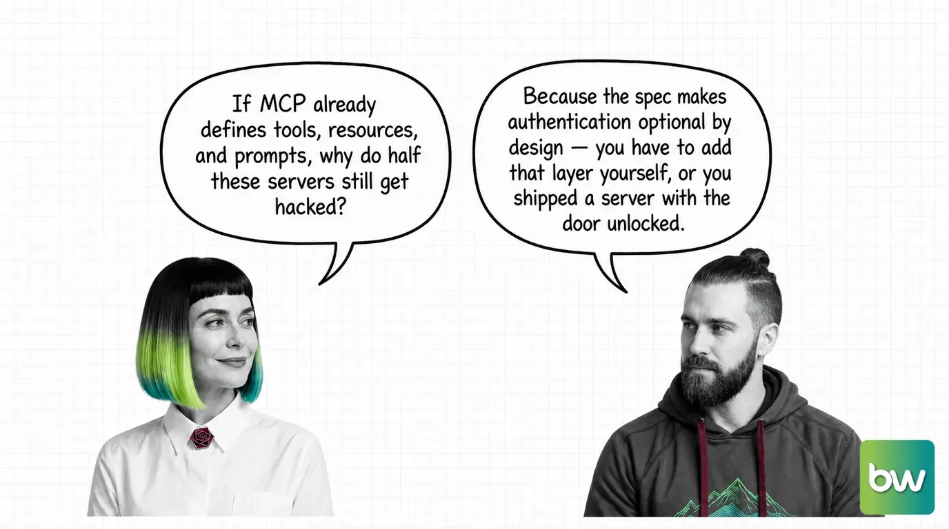 MONA asks: 'If MCP already defines tools, resources, and prompts, why do half these servers still get hacked?' MAX answers: 'Because the spec makes authentication optional by design — you have to add that layer yourself, or you shipped a server with the door unlocked.' — comic dialog.