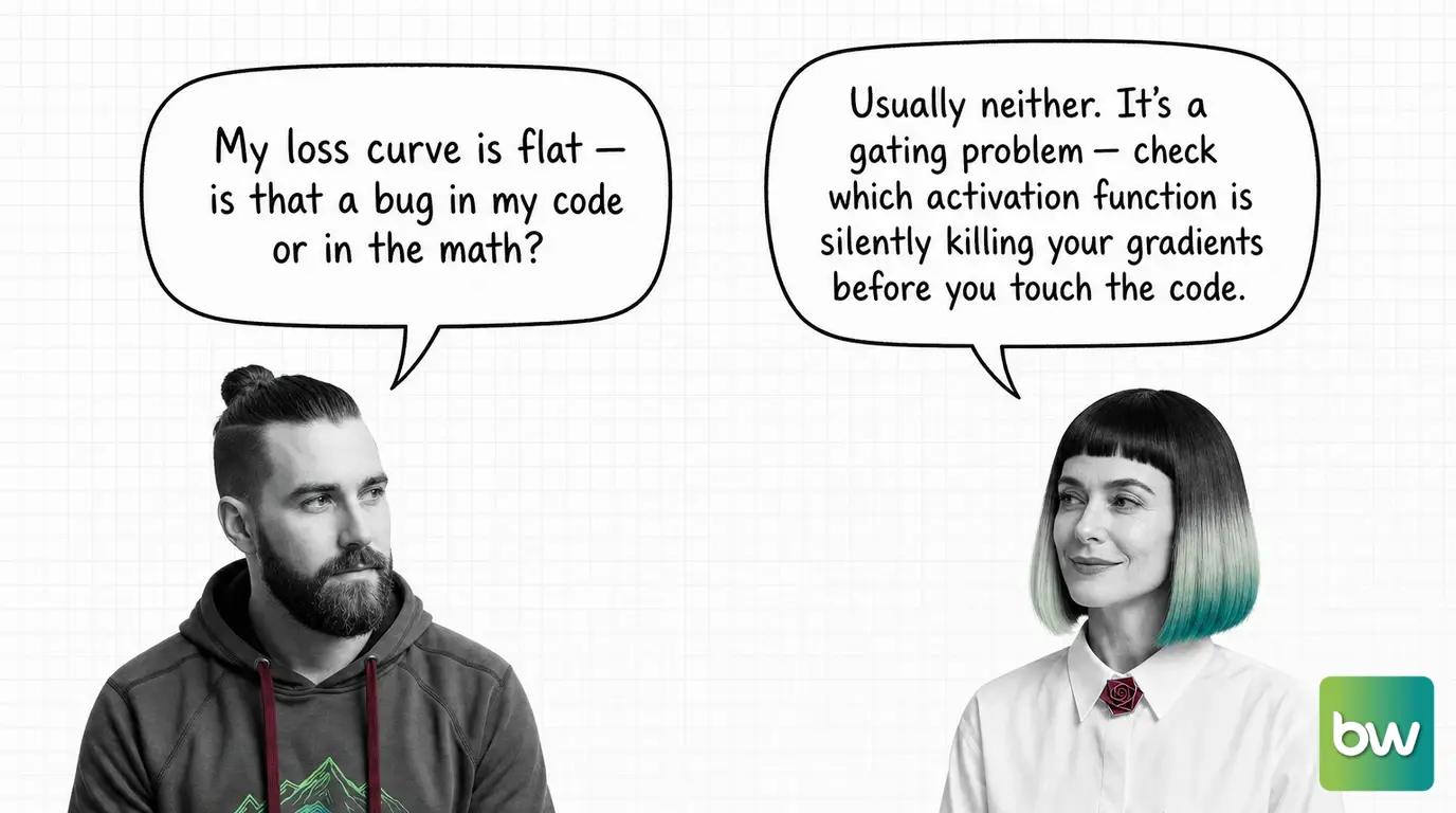 MAX asks: 'My loss curve is flat — is that a bug in my code or in the math?' MONA answers: 'Usually neither. It's a gating problem — check which activation function is silently killing your gradients before you touch the code.' — comic dialog.