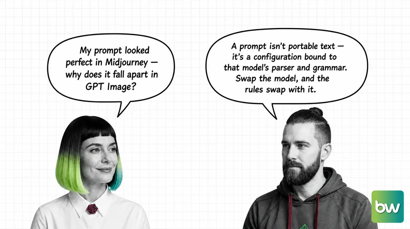 MONA asks: 'My prompt looked perfect in Midjourney — why does it fall apart in GPT Image?' MAX answers: 'A prompt isn't portable text — it's a configuration bound to that model's parser and grammar. Swap the model, and the rules swap with it.' — comic dialog.