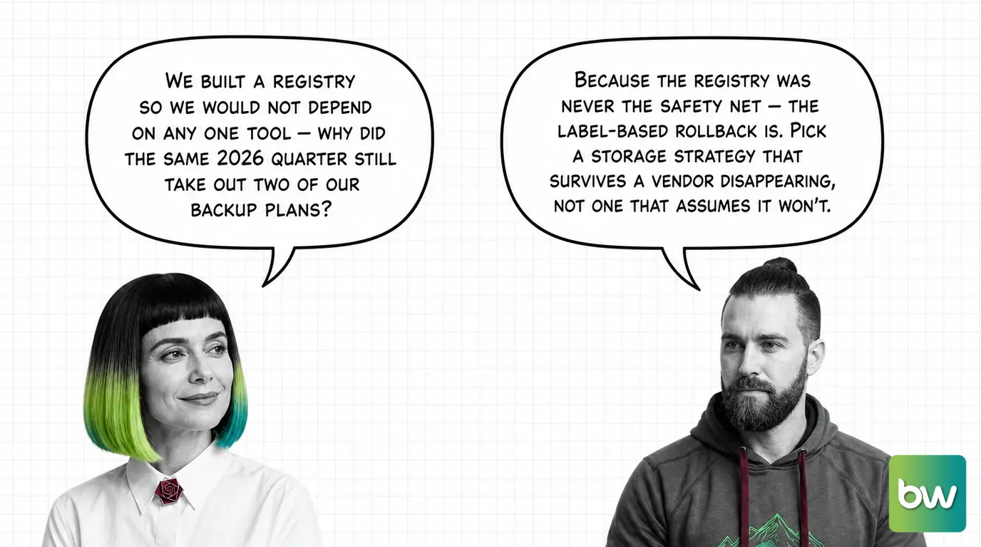 MONA asks: 'We built a registry so we would not depend on any one tool — why did the same 2026 quarter still take out two of our backup plans?' MAX answers: 'Because the registry was never the safety net — the label-based rollback is. Pick a storage strategy that survives a vendor disappearing, not one that assumes it won't.' — comic dialog.