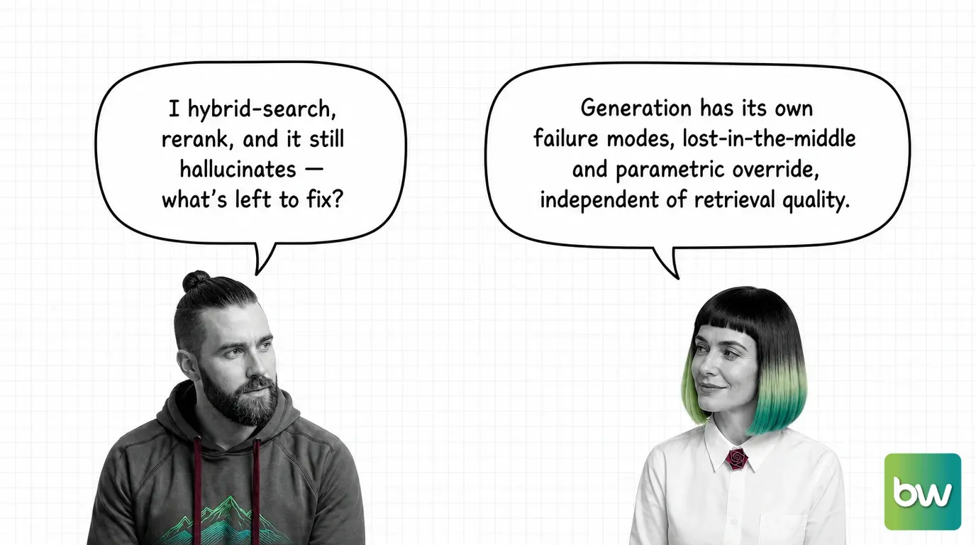 MAX asks: 'I hybrid-search, rerank, and it still hallucinates — what's left to fix?' MONA answers: 'Generation has its own failure modes, lost-in-the-middle and parametric override, independent of retrieval quality.' — comic dialog.