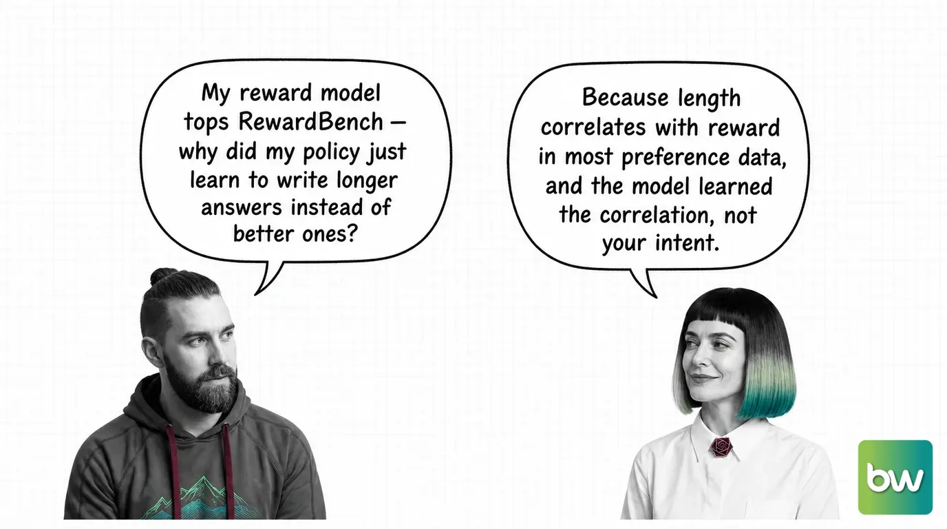 MAX asks: 'My reward model tops RewardBench — why did my policy just learn to write longer answers instead of better ones?' MONA answers: 'Because length correlates with reward in most preference data, and the model learned the correlation, not your intent.' — comic dialog.