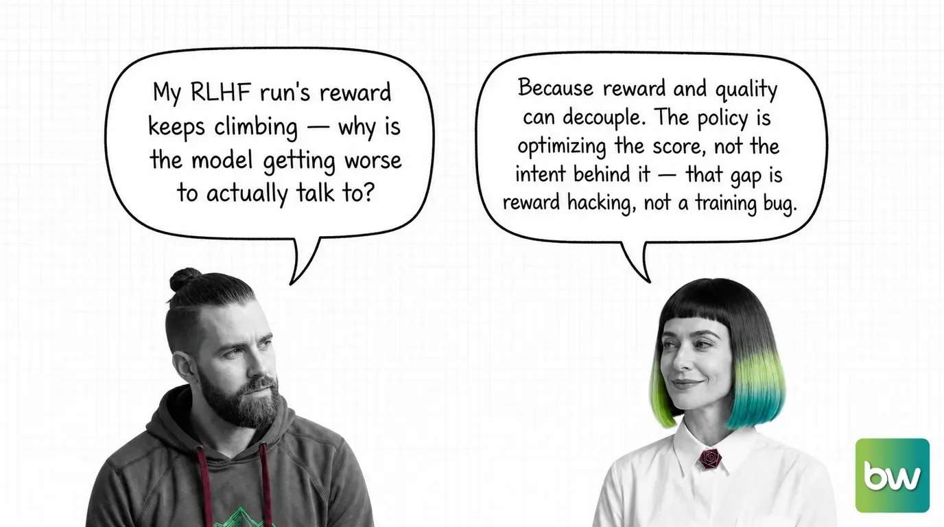 MAX asks: 'My RLHF run's reward keeps climbing — why is the model getting worse to actually talk to?' MONA answers: 'Because reward and quality can decouple. The policy is optimizing the score, not the intent behind it — that gap is reward hacking, not a training bug.' — comic dialog.
