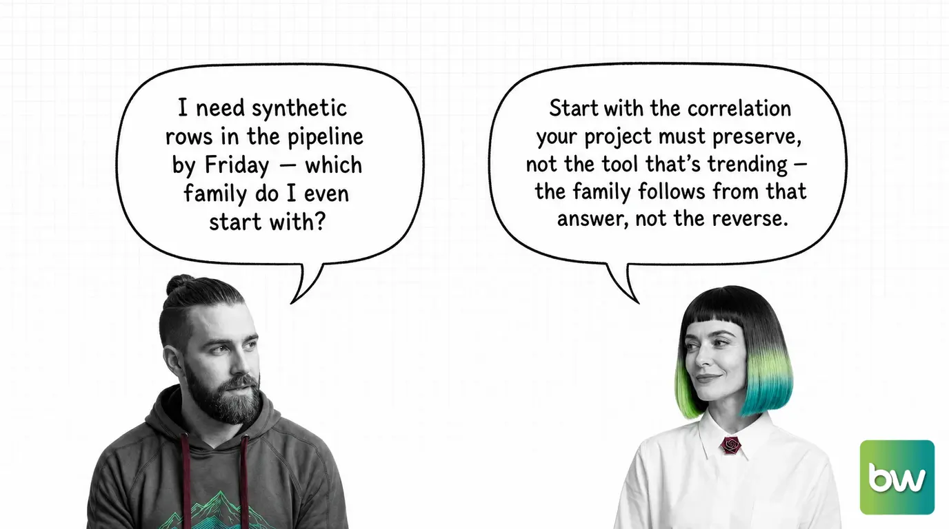 MAX asks: 'I need synthetic rows in the pipeline by Friday — which family do I even start with?' MONA answers: 'Start with the correlation your project must preserve, not the tool that's trending — the family follows from that answer, not the reverse.' — comic dialog.