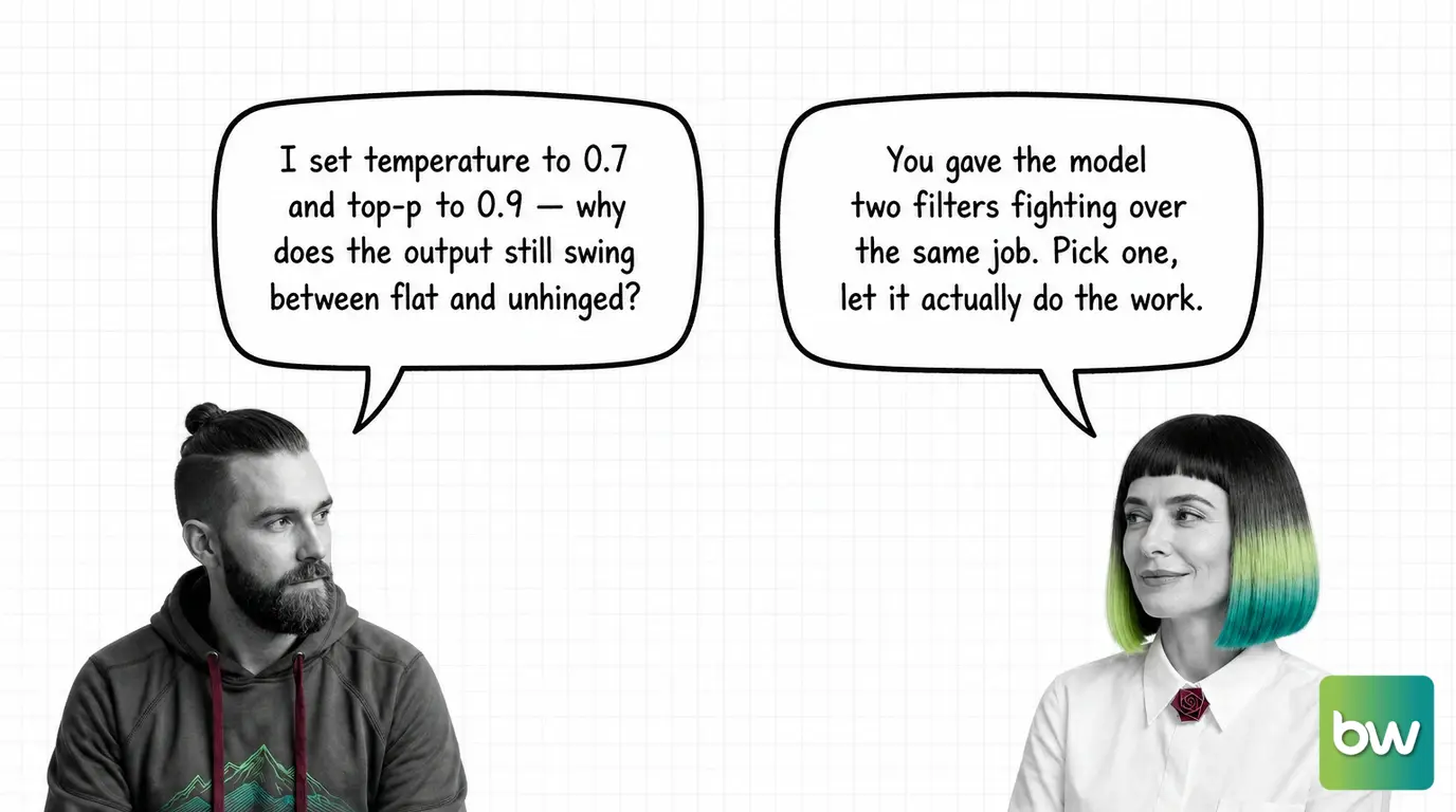 MAX asks: 'I set temperature to 0.7 and top-p to 0.9 — why does the output still swing between flat and unhinged?' MONA answers: 'You gave the model two filters fighting over the same job. Pick one, let it actually do the work.' — comic dialog.